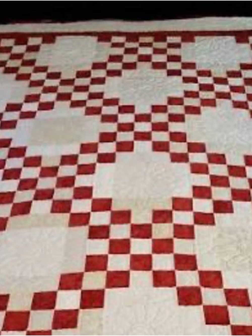 Lands' End Red and White Patchwork Checker Quilt 94”Xll0” l00% Cotton